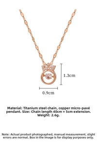 Detail of crown pendant with dimensions 1.3cm x 0.9cm on a rose gold chain