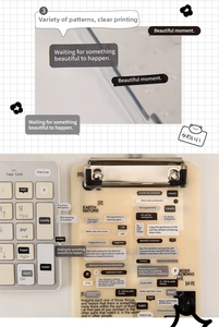 Detail of vintage English quote stickers on minimalist clipboard for journal DIY decor