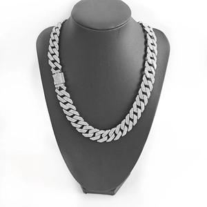 Silver 15mm square flap Cuban link chain with three rows of diamonds on a neck display