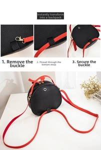Detail showing the versatile conversion from crossbody to backpack with lychee grain leather