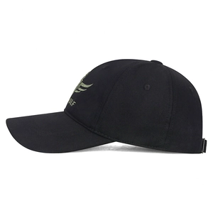Adjustable black cotton camouflage baseball cap with gold embroidery wing pattern