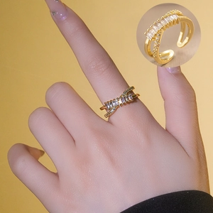 French style gold-plated crossover zircon ring with adjustable open band for women