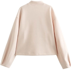 Back view of a loose pale pink long-sleeve bomber jacket with a stand collar design