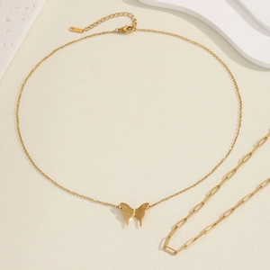 Minimalist 18K gold-plated stainless steel butterfly pendant necklace with letter A detail
