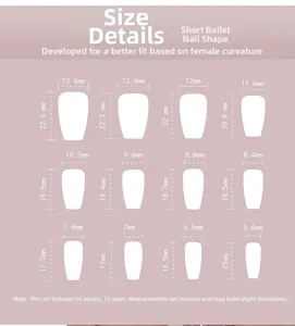 Size chart showing 12 dimensions for short coffin press-on nails with 24 pieces set