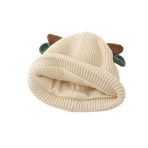 Off-white knitted baby winter hat with cute 3D ears and thick warm lining for toddlers