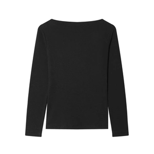 Close-up of black off-the-shoulder long sleeve top with detailed fabric texture