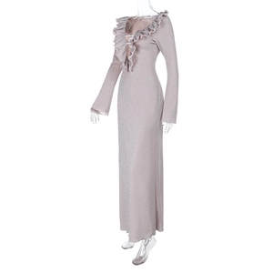 Detail of glitter champagne purple V-neck maxi dress with shimmering ruffled neckline