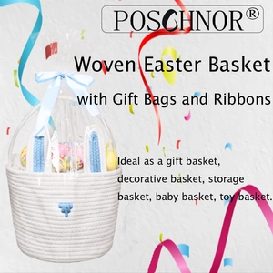 Woven cotton Easter basket with light blue bow and colorful egg decorations