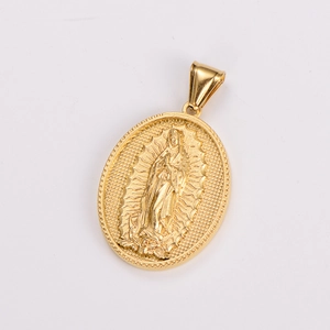 Detailed macro view of gold Guadalupe Virgin Mary pendant with intricate embossed relief