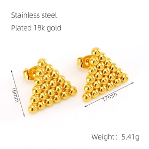 Detail view of gold beaded triangle earrings with dimensions 16mm and 5.41g weight info