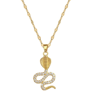 Luxurious gold cobra snake pendant necklace with pavé zircon crystals on an O-chain