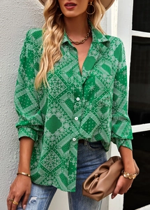 Detail of green paisley print long-sleeve shirt with button-up closure and soft fabric