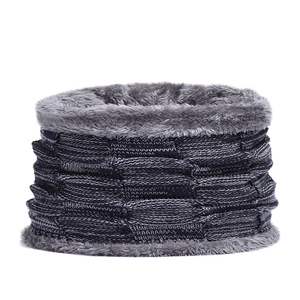Detail of warm winter knit neck warmer with thick grey fleece lining and blue mixed yarn