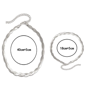 Minimalist silver woven herringbone chain necklace and bracelet set in stainless steel