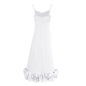 Detailed back view of white evening dress with spaghetti straps and ruffled hemline
