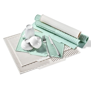 Green and beige silicone dish drying mats with striped texture in flat and rolled views