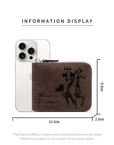Short brown leather tri-fold wallet with cowboy motif and size scale vs smartphone