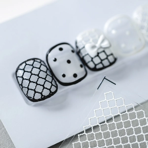 Minimalist Japanese 5D embossed nail stickers featuring black white grid and bow designs