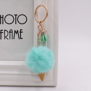 Detail of mint green faux fur ice cream keychain with waffle cone and golden ring