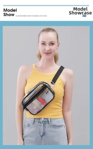 Detailed view of clear PVC waist bag with black zipper and adjustable nylon strap