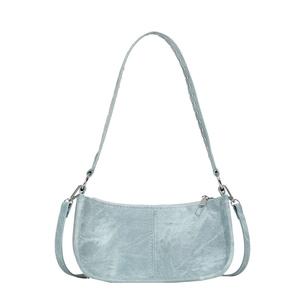 Light blue denim PU shoulder bag with metal eyelet strap and crescent moon design