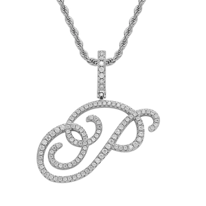 Macro view of silver finish letter P pendant with micro-paved zircons on a rope chain