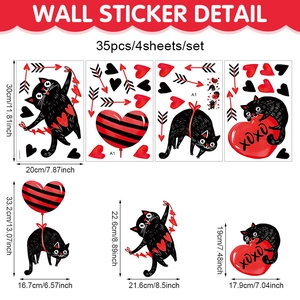 Valentine's Day black cat and heart wall stickers set of 4 sheets for room decor