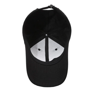 Classic black cotton baseball cap showing internal stitching and adjustable metal buckle
