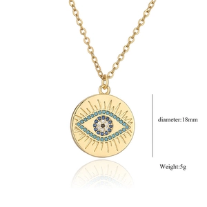 Detailed view of 18mm gold plated evil eye pendant necklace with 5g weight specifications