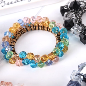 Elegant multi-color faceted crystal bead elastic hair tie with a glossy weave design