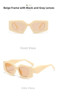 Detail view of stylish beige polygon sunglasses with thick geometric frames and dark lenses