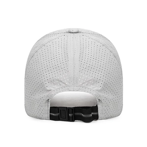 Rear view of a light grey breathable mesh baseball cap with adjustable buckle strap