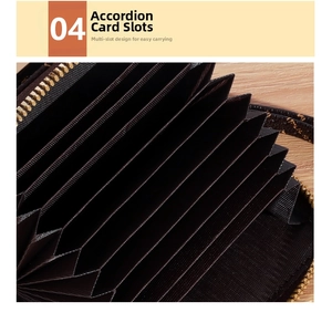 Macro shot of accordion card slots in high-capacity wallet with metal zipper detail