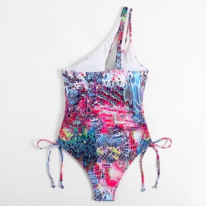 One-shoulder one-piece swimsuit with colorful snake print and adjustable side drawstrings