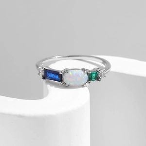 Retro s925 silver ring featuring a large white opal and colorful gemstone clusters