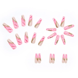 Pink marble and gold glitter long coffin press-on nails set with 24 pcs ballerina tips