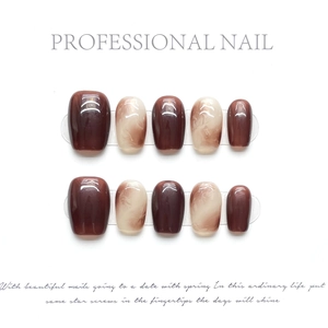 Short square caramel amber press-on nails with chocolate marble texture for women