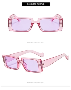 Front and side view of pink transparent rectangle sunglasses with silver hinge detail