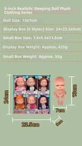 Set of 6 plush animal-clad sleeping dolls with 13cm height and detailed packaging dimensions