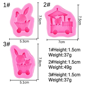 Three pink rabbit silicone molds for chocolate and fondant cake decorating with dimensions