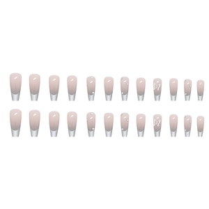 Silver gradient ballet nails with butterfly and pearl accents on 24pcs long coffin tips