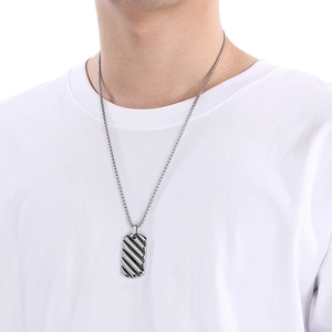 Silver stainless steel rectangular pendant necklace with grooved diagonal texture for men