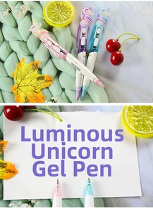 Close-up of glowing unicorn ballpoint pen featuring translucent tip and cute rubber topper