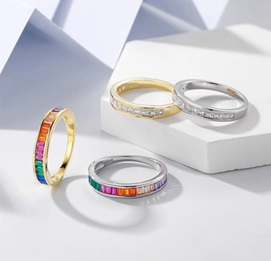 Detailed view of S925 silver rainbow gemstone rings set on white geometric blocks