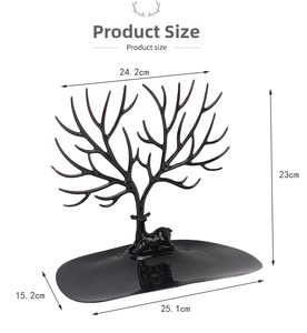 Detailed size chart for black deer antler jewelry stand with precise measurements