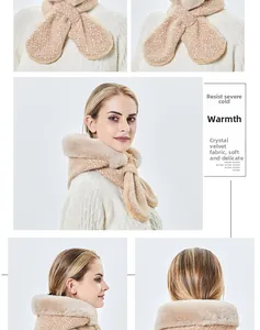 Detail of plush hooded scarf in camel deer pattern made of soft crystal velvet fabric