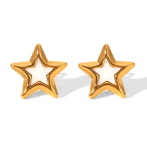 Detailed view of gold star stud earrings featuring white shell inlay on a clean backdrop