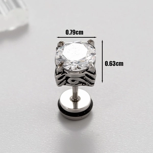 Détail macro du clou d'oreille vintage pour homme montrant les dimensions et le zircon