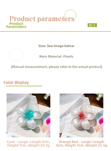 Detail view of large 8cm gradient plumeria flower hair claw clip in cyan and orange